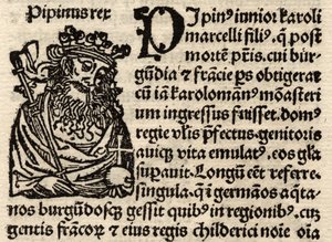 1500 öncesi Pepin I (803-38) tasvir eden orijinal incunable yapraktan detay (ayrıca bkz. 237070) by German School