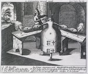 İki burunlu bir demir adamda nitrik asidin (Aqua fortis veya ayırma asidi) damıtılması by German School
