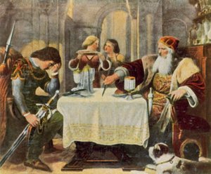 Greiner Eberhard, kendisi ve oğlu Ulrich arasındaki masa örtüsünü keser by German School