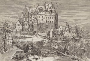 Eltz Kalesi, Moselle Nehri üzerindeki tepelerde, Almanya, 16. yüzyılın sonlarına bakıldığında (litho) by German School