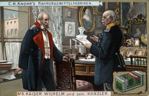 Almanya ve Prusya İmparatoru I. William (1797-1888) ve Şansölye Otto von Bismarck (1815-1898) siyasi konuları tartışıyorlar. Kromolitografi, 19. yüzyıl sonu. by German School