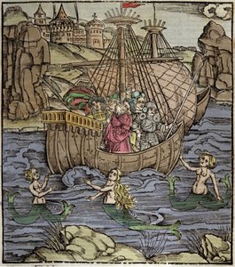 Eneide de Virgil (MÖ 70-19), Truva kahramanları Enee ve arkadaşları siren dolu bir denizi geçerler. Sebastian Brant (1458-1521) tarafından Xylography. Strazburg by German School