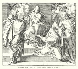 Esther ve Haman, Esther, ch vii, ver 8 (gravür) by German School