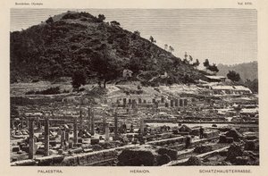 Antik Olympia kazısı, Yunanistan: Palaestra, Hera Tapınağı ve Hazineler (gravür) by German School