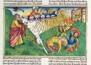 Çıkış 9 13-35 Mısır'ın Yedi Vebası: Musa ve 'Nürnberg İncili'nden (Biblia Sacra Germanaica)' (renkli gravür) dolu ve şimşek vebası by German School
