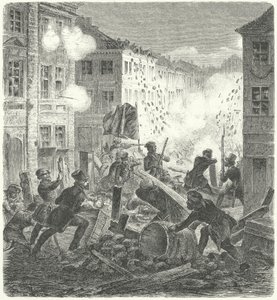Colln Belediye Binası önünde bir barikatta savaşmak, Berlin, 1848 Devrimi (gravür) by German School