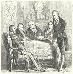 Prusyalı Frederick William III, Başbakanı Karl August von Hardenberg ve Avusturya Dışişleri Bakanı Klemens von Metternich ile yaptığı görüşmelerde (gravür) by German School