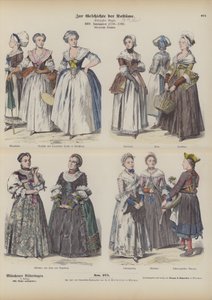 Fransız ve Alman Burjuva kadın kostümleri, 18. yüzyıl sonu (renkli gravür) by German School