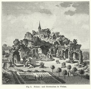 Bahçe tasarımı: Kont Johann von Fries bahçesindeki mağara dağı, Voslau, Avusturya (gravür) by German School