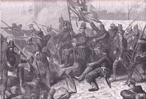 General von Budretzky, Le Bourget'e yapılan saldırıya liderlik ediyor, Cassells History of the War of France and Germany, Cassell and Company Limited tarafından yayınlandı, c.1890 (litho) by German School