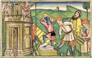 Yaratılış 11 1-9 Nürnberg İncilinden (Biblia Sacra Germanaica) Babil Kulesi İnşası (renkli gravür) by German School