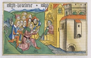 Yaratılış 42 1-5 Joseph'in kardeşleri, 'Nürnberg İncil'inden (Biblia Sacra Germanaica)' (renkli gravür) Mısır'a geliyor by German School