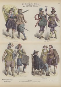 Alman askeri ve burjuva kostümleri, 17. yüzyılın başlarında (renkli gravür) by German School