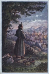 Gece yarısı karanlığında duruyorum: Bir köyü gözetleyen nöbetçi Alman askeri (renkli taş baskı) by German School