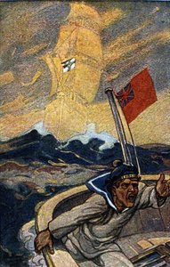 1. Dünya Savaşı sırasında Jugend dergisinden Alman propagandasının illüstrasyonu. Bir İngiliz denizci, Reich bayrağını taşıyan bir hayalet geminin ortaya çıkmasıyla dehşete düşer. by German School