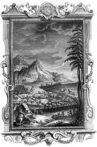 Sadık Çoban Yakup, koyun sürüsünü kurtların saldırısından koruyor, 1731 (bakır levha gravürü) by German School