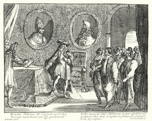 İngiltere Kralı II. James, Parlamentonun oturmasına izin vermeyi reddediyor (gravür) by German School
