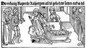 Yahudi tefeci, ailesiyle müşteri alıyor, 1491 (ahşap oyma) by German School