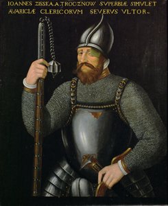 Johann Ziska von Trocnov, 1420 ve 1422 yıllarında İmparatorluk ordularına karşı iki savaş kazanan Bohemyalı Hussitlerin ve Taboritlerin lideri ... by German School
