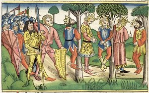 Joshua 10 16-27 Beş Kralın İnfazı, 'Nürnberg İncil'inden (Biblia Sacra Germanaica)' (renkli gravür) by German School