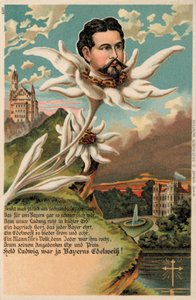 Bavyera Kralı Ludwig II edelweiss olarak tasvir edilmiştir (kromolito) by German School