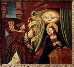 Müjde (Müjde). Başmelek Cebrail Latince bir mesaj getirir: ""Ave gratia plena Dominus tecum"" (Selam, ey lütuf dolu, Rab seninledir) (Ave Maria