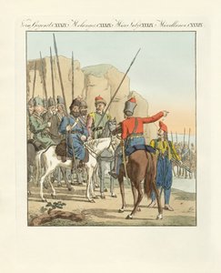 Hafif Rus düzensiz süvarileri (renkli gravür) by German School