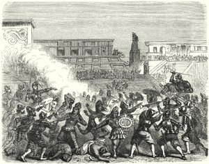 Hernan Cortes'in İspanyol fatihleri tarafından Cholula'da Aztek savaşçılarının ve soylularının katliamı by German School