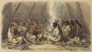 Barış çubuğu içen Fox ve Raven kabilelerinin Yerli Amerikalıları (renkli gravür) by German School