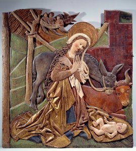 Alman ekolüne ait polikrom ahşaptan mihrabın iç tarafında Nativite Rölyef. 1510 Loş. 1,12x1,11 m Paris, Louvre Müzesi by German School