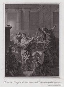 Nicodemus, Dikenli Tacı gençlerin toplantısına getiriyor (gravür) by German School
