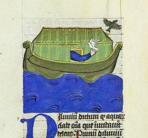 Nuh güvercin ve kuzgunu serbest bırakıyor, De Rerum Natura - Rabanus Maurus, c.1425 (Parşömen üzerine guaj boya) by German School
