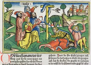 Sayılar 21 4-9 Zehirli yılanlar, Nürnberg İncilinden (Biblia Sacra Germanaica) (renkli gravür) asi İsraillileri ısırıyor by German School