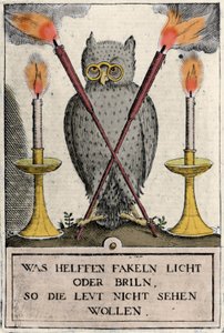 Gözlüklü baykuş, bilgeliğin sembolü. “Amphitheatrum sapientiae aeternae” gravürü. (Sonsuz bilgeliğin amfi tiyatrosu) (Hamburg: nn by German School