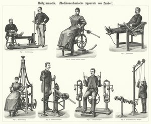 Fizyoterapi: İsveçli doktor ve ortopedist Gustav Zander tarafından icat edilen mekanoterapi cihazı (gravür) by German School