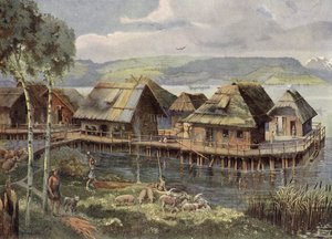 Tarih öncesi Avrupa göl köyü (renkli lito) by German School