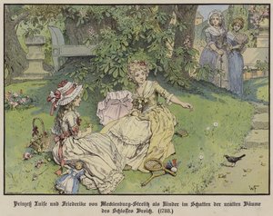 Mecklenburg-Strelitz Prensesleri Louise ve Frederike, çocukken Broich Kalesi ağaçlarının altında gölgede by German School