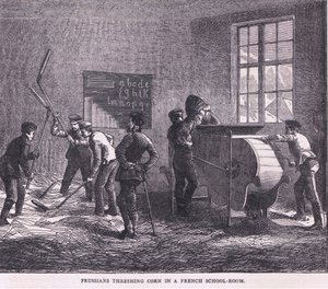 Bir Fransız okul odasında mısır harmanlayan Prusyalılar, Cassell ve Company Limited tarafından yayınlanan Cassells History of the War Fransa ve Almanya arasındaki, c.1890 (lito) by German School