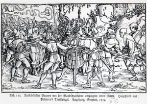 Bir şövalyeyi çevreleyen Asi Köylüler, bir illüstrasyondan Petrarch tarafından Trostspiegel