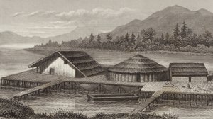 Eski bir göl köyünün yeniden inşası. Bilder-Atlas için İllüstrasyon (gravür) by German School