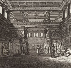 Bir Asur kralının salonunun yeniden inşası. Bilder-Atlas için İllüstrasyon (gravür) by German School