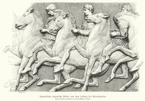 Atinalı gençleri ata binerken gösteren Parthenon frizinden kabartma (gravür) by German School