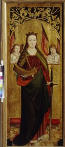 İskenderiyeli Aziz Catherine (290-307 dolaylarında) (Aziz Catherine). Şehitliğinin işkence çarkından bir parça taşıyor. 1470-1480 dolaylarında, bir Westphalia ustasının (1470 ve 1480 arasında aktif), ahşap üzerine yağlı boya tablosu. alman sanatı by German School
