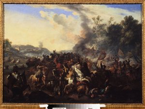 ""savaş sahnesi"" Bir kavga sırasında biniciler ve atlar üst üste yığıldı. Alman okulundan isimsiz bir tablo. 17. Yüzyıl Bölgesel Sanat Müzesi, Uzhhorod, Ukrayna by German School