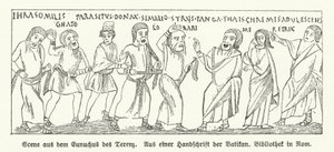 Eunuchus'tan (Hadım) bir sahne, Romalı oyun yazarı Terence'in (litho) komedisi by German School