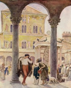 Aziz Francis ve bir dilenci, Aziz Petrus Bazilikası, Roma (renkli taş baskı) by German School