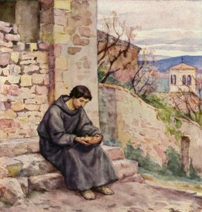 Aziz Francis yemek yiyen bir dilenci olarak (renkli taş baskı) by German School