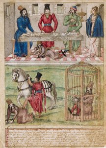 Sultan I. Bayezid (Bajazet) (yaklaşık 1360-1389) 1402 Ankara savaşından sonra Timur (1336-1405) (veya Timur Lang, "Topal Timur") tarafından esir alındı. 16. yüzyıldan kalma parşömen üzerine suluboya Alman ustası. Özel koleksiyon by German School