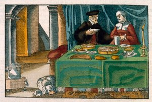 Akşam yemeği masası, bir Alman el yazmasından, c.1650 (el boyaması gravür) by German School