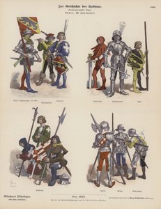 15. yüzyılın İsviçre askeri kostümleri (renkli gravür) by German School
